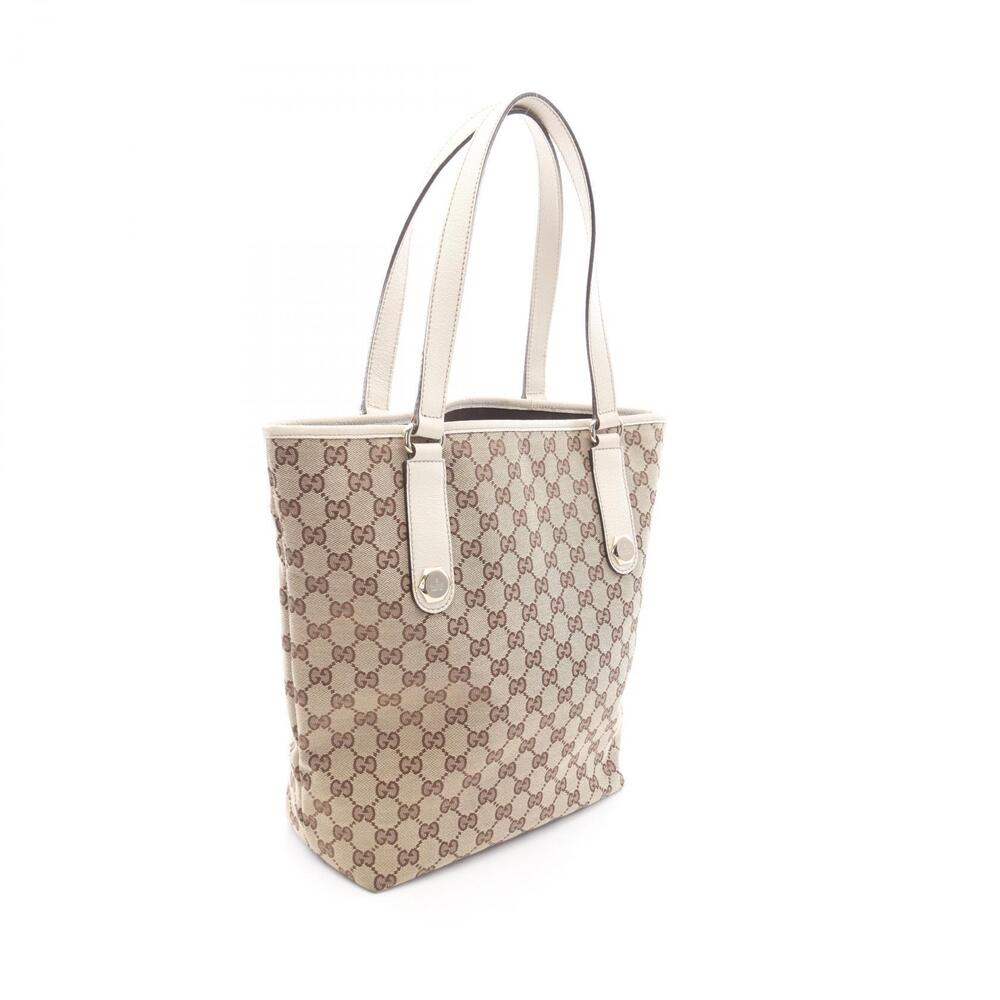 Gucci GG Ivory Leather Tote Canvas Beige White Brown Bag Tan Brown